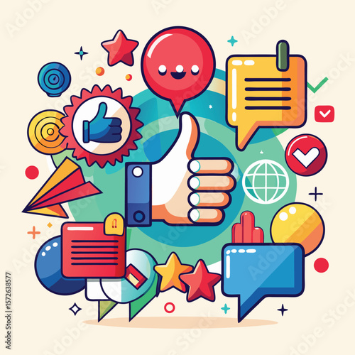 Positive feedback and social media engagement icons with thumbs up silhouette