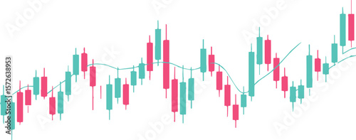 Stylized candlestick chart with a smooth trend line illustrating market fluctuations and financial growth on a white background
