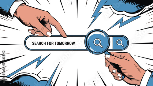 Two hands interact with a search bar displaying the text search for tomorrow surrounded by comic book style speed lines and abstract blue shapes