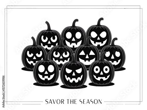 A spooky gathering of nine black jack o lanterns with a decorative border
