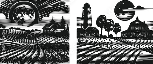  Heavy lined black vector bundle featuring a serene farm landscape with moon, fields, barn, and trees in stylized night rural scenery, perfect for prints, posters, or editorial designs