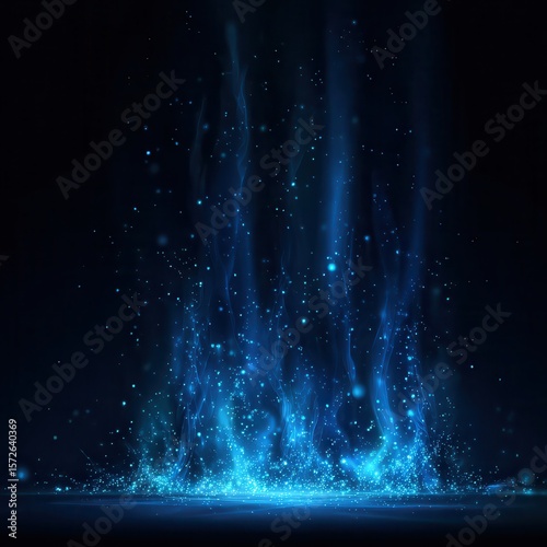 Blue fire effect with flying light sparks. Abstract overlay background with shiny dust, glitter, blue flare with sparkles and glowing particles, vector realistic illustration.