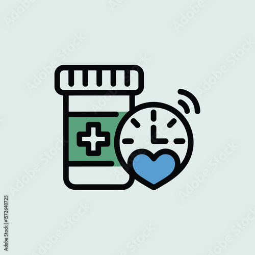 Minimalist Icon Design Medication Bottle Green Label White Background Plus Symbol Blue Heart Clock Timely Healthcare Medical Treatment Timeliness