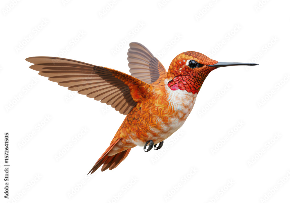 Fototapeta premium Isolated Rufous Hummingbird in Mid-Flight with Detailed Plumage