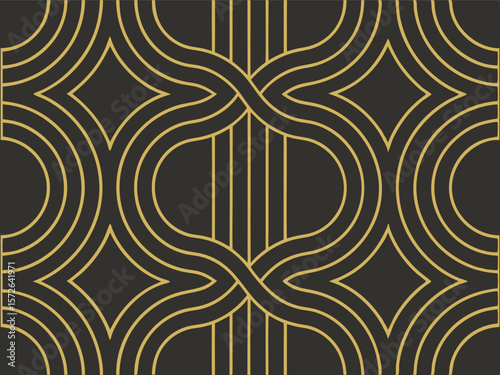 "Elegant black and gold geometric seamless pattern with luxury art deco style lines, modern vintage abstract background, premium retro decorative design perfect for wallpaper and textile prints"
