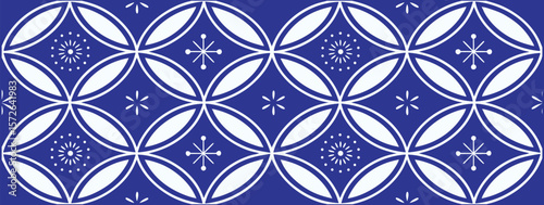 "Geometric seamless pattern with white floral star motifs on blue background, modern decorative tile inspired repeat design for fabric, wallpaper, wrapping, digital art, and stationery"