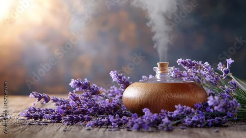 Wooden essential oil diffuser releasing steam surrounded by fresh lavender flowers on rustic wooden surface with soft natural light creating calming aroma and relaxation spa natural atmosphere