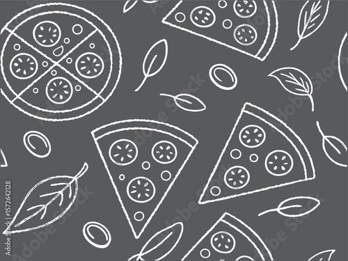 "Pizza slice seamless pattern with herbs and olives in purple line art style, minimal modern food background for Italian restaurant, kitchen, menu, packaging and decorative design projects"