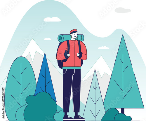 Backpacker in Majestic Mountain Landscape: Adventure Illustration