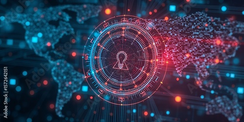 Digital world map with glowing lightbulb lock in center representing global security on transparent background