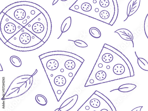 "Pizza slice seamless pattern with herbs and olives in purple line art style, minimal modern food background for Italian restaurant, kitchen, menu, packaging and decorative design projects"