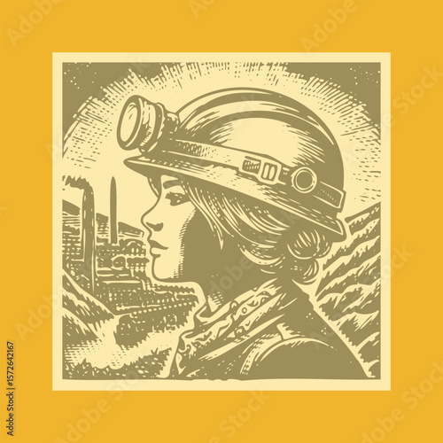  Vibrant Halftone Postal Stamp Vector of a Miner Worker Man Wearing Helmet with Lantern, Retro Industrial Male Portrait, Bold Graphic Illustration in Colorful Comic Style Design