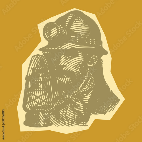  Papercut style vibrant color postal stamp vector of a miner worker man wearing helmet with lantern, industrial labor character design, retro mining illustration for print and digital use