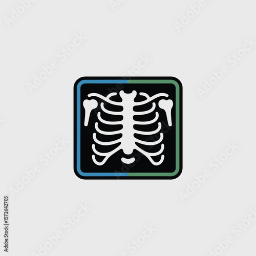 Minimalist Icon Design of a Chest X Ray Showing Ribs and Shoulder Bones in White on a Black Background within a Teal and Green Framed Square