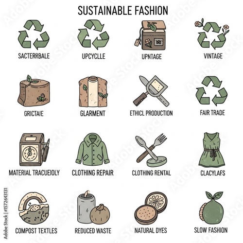 Sustainable Fashion and Circular Economy – Vector Icon Set on Ethical Clothing, Upcycling, and Textile Waste Reduction