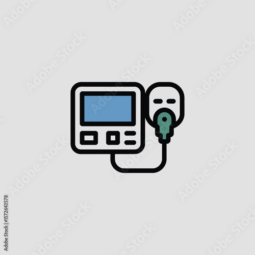 Minimalist Icon Design of a Medical Device a White and Black Outline Device with a Blue Screen and a Teal Green Mouthpiece Connected by a Black Cable on a Light Gray Background
