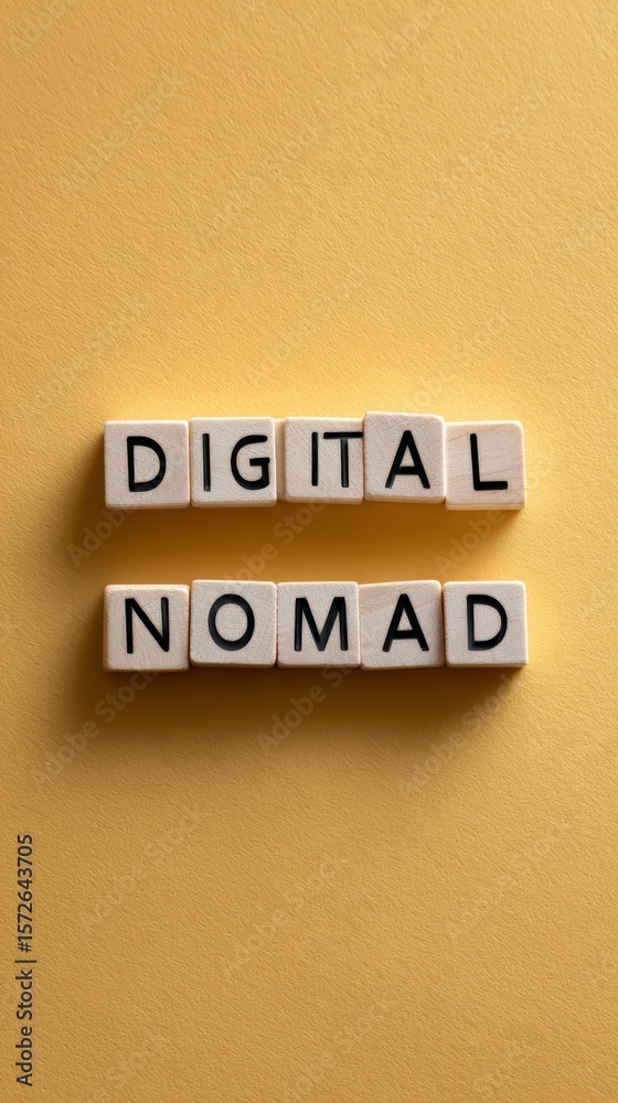 Obraz premium Wooden blocks spelling out digital nomad on a yellow background represent the growing trend of location independent remote work and the work and travel lifestyle