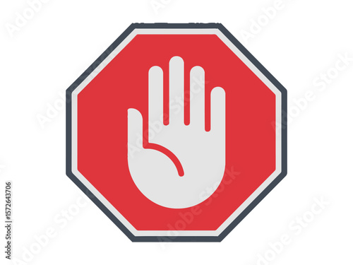 Red octagonal stop sign with a white open hand symbol in the center
