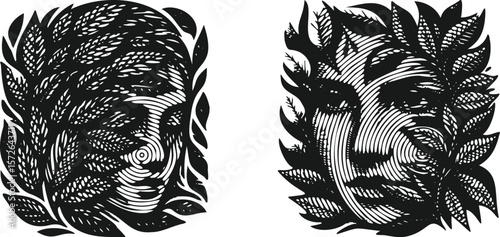  Heavy lined effect black vector bundle featuring a mysterious face partially covered by leaves, artistic foliage portrait design, nature inspired abstract human silhouette illustration