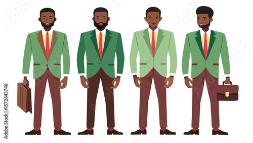Professional Male Figures in Sage Green Suits – Flat Illustrative Poses with Briefcases