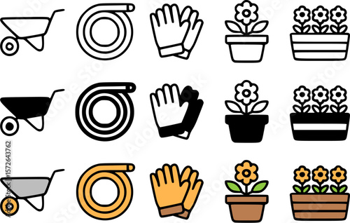 Garden Tools and Plants Icons: Wheelbarrow, Hose, Gloves, and Potted Flowers