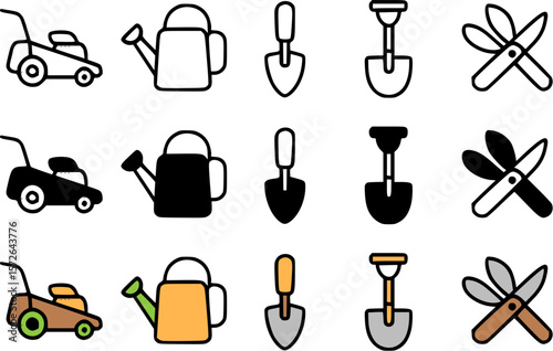 Simple Line Art Set of Gardening Tools and Equipment