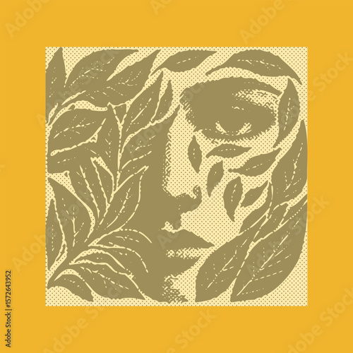  Vibrant green halftone effect vector illustration of a face partially covered by leaves, colorful postal stamp style design, nature-inspired, artistic, decorative, abstract, fresh, modern vector art