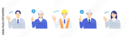 安全指示や解決策の案内に 建設現場の作業員のポジティブなジェスチャーイラスト