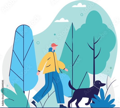Man Walking Dog in Park: Nature Scene Illustration