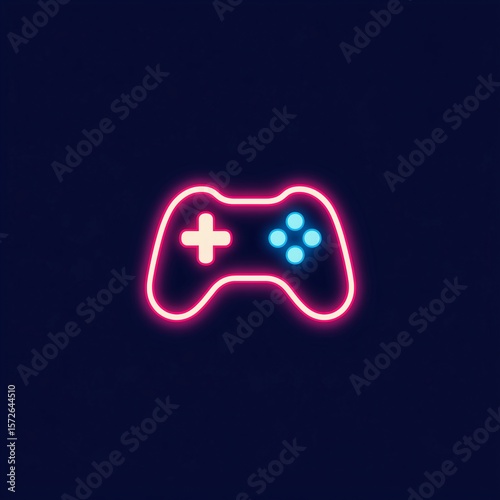 Pink and light blue neon outline of a video game controller. Retro 80s style gaming symbol for a party flyer or online event promo