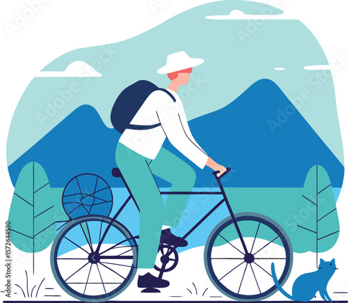 Senior Man Cycling: Mountain Landscape Bicycle Ride Illustration
