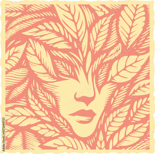  Vibrant pink heavy lined effect vector postal stamp featuring a face partially covered by leaves, colorful botanical portrait art, modern graphic design, nature inspired illustration, detailed linewo