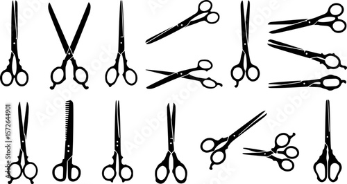 Black scissor silhouettes in different shapes, oriented in different directions, set on white
