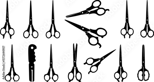Black scissor silhouettes in different shapes, oriented in different directions, set on white
