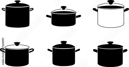 Silhouette icons of six different cooking pots, Set of six black silhouette icons depicting various cooking pots with lids, commonly used for preparing meals in the kitchen.