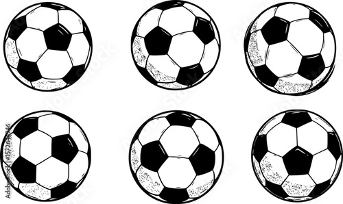 Collection of Six Stylized Soccer Balls in Black and White Illustration
