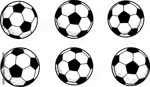 Collection of Six Stylized Soccer Balls in Black and White Illustration
