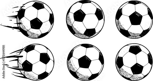 Collection of Six Stylized Soccer Balls in Black and White Illustration
