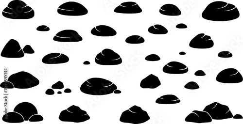 Silhouette of assorted rocks and stones in black and white illustration
