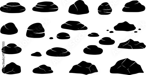 Silhouette of assorted rocks and stones in black and white illustration
