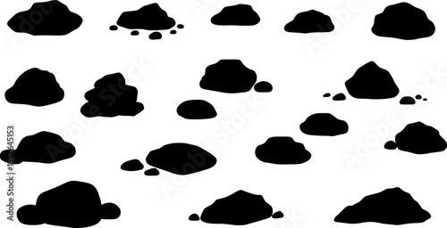 Silhouette of assorted rocks and stones in black and white illustration
