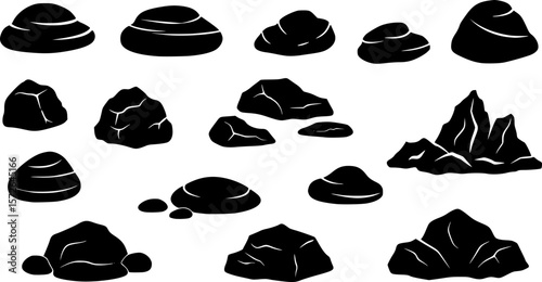Silhouette of assorted rocks and stones in black and white illustration
