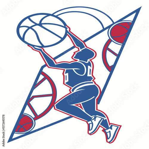 Basketball Player Dunking Blue Red Abstract Design
