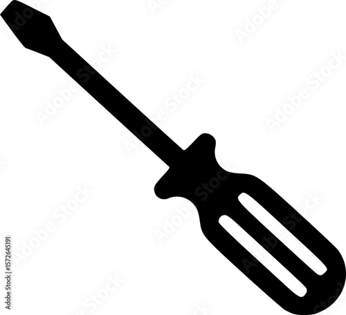 A simple black silhouette of a standard flathead screwdriver on white

