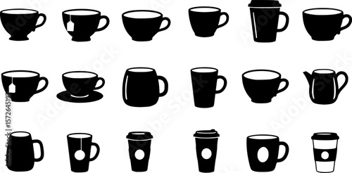 A collection of black and white teacups and coffee mugs illustrations
