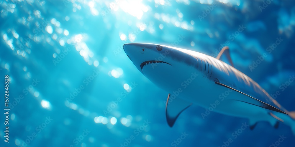 Naklejka premium A shark swimming towards the light in the blue ocean with bokeh effect. An inspiring concept of hope, freedom and overcoming challenges