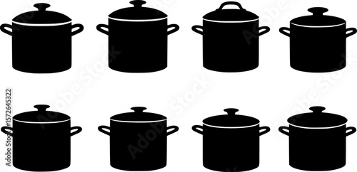 Silhouette icons of six different cooking pots, Set of six black silhouette icons depicting various cooking pots with lids, commonly used for preparing meals in the kitchen.