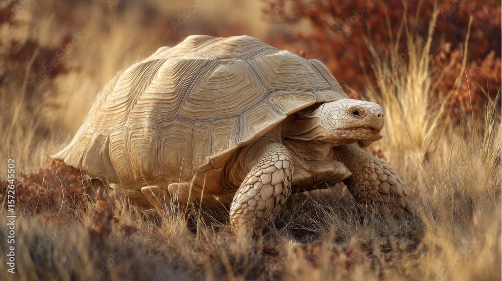 Fototapeta premium African spurred tortoise walking through dry grassland, rugged shell catching sunlight