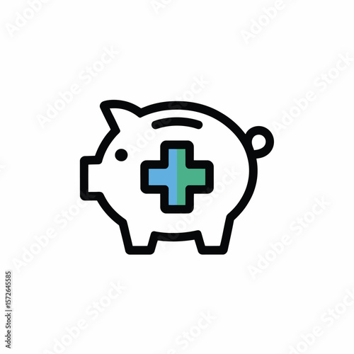 Minimalist Icon Design of a Piggy Bank Featuring a Teal and Light Blue Medical Cross Symbol Inside a Black Outline