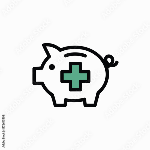 Minimalist Icon Design of a Piggy Bank Featuring a Teal and Green Medical Cross Symbol Inside a White Piggy Bank with Black Outline